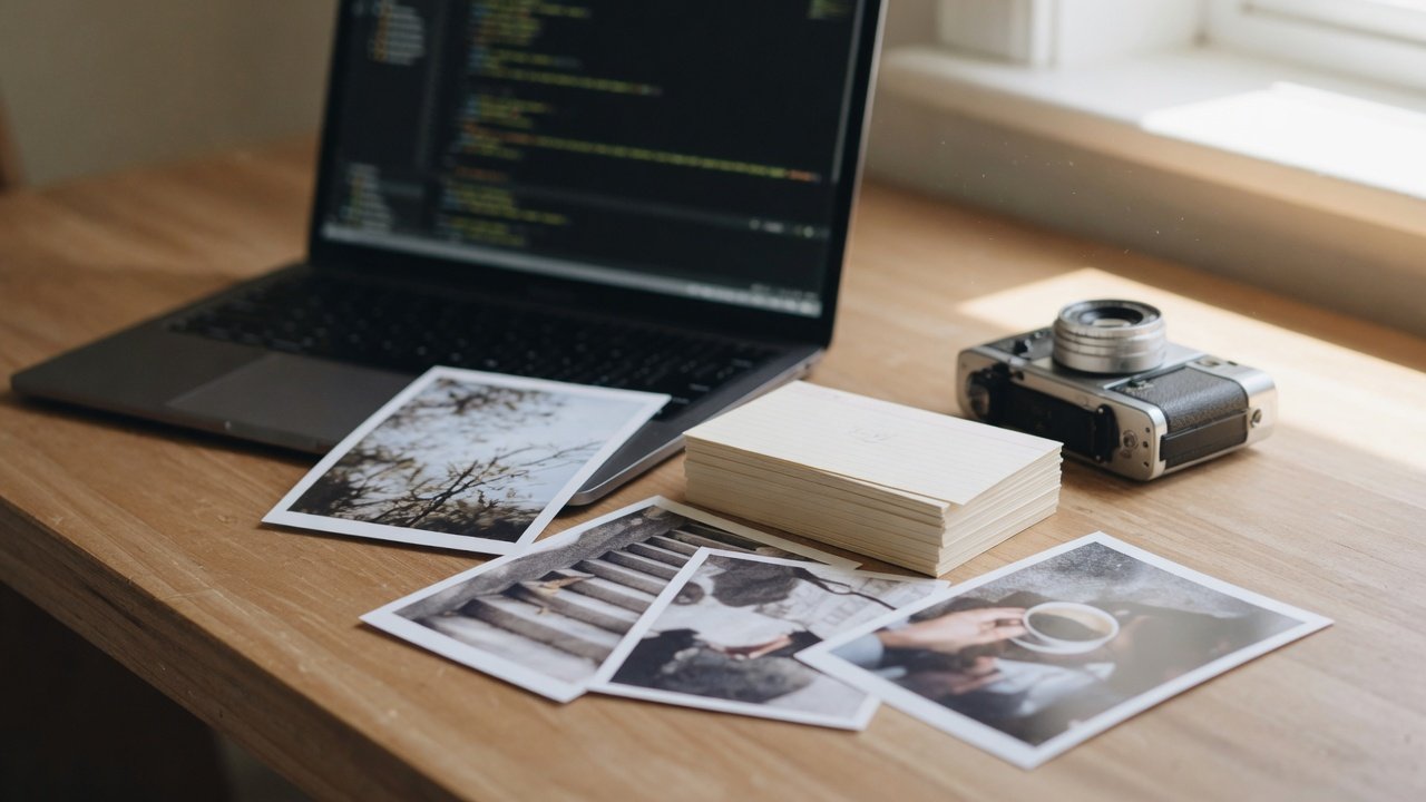 Ein Schreibtisch mit Laptop, Karteikarten und Fotos als Bild für die KI-Anleitung zur Kommandozeile.