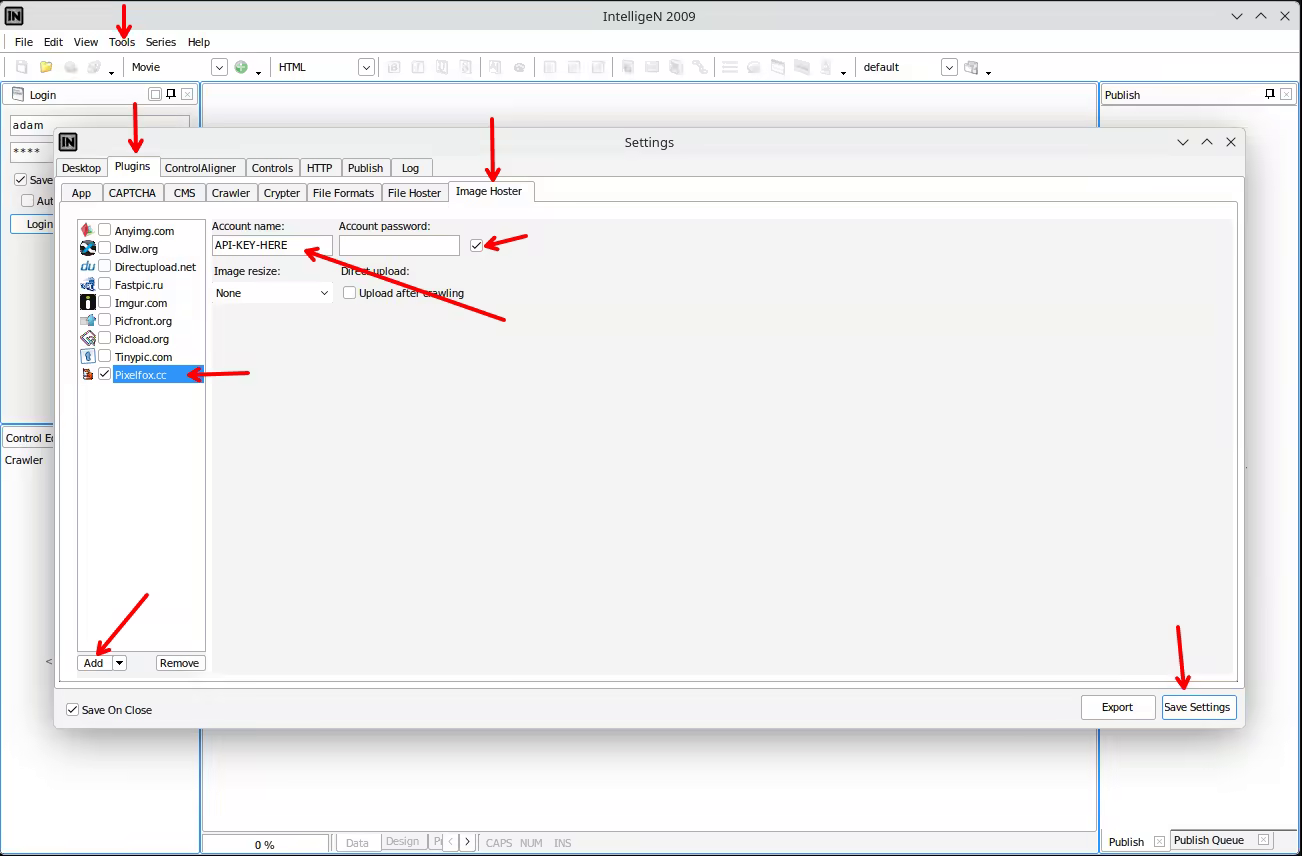 IntelligeN-Einstellungen: Plugin Pixelfox.cc aktivieren und API-Schlüssel als Account name eintragen.