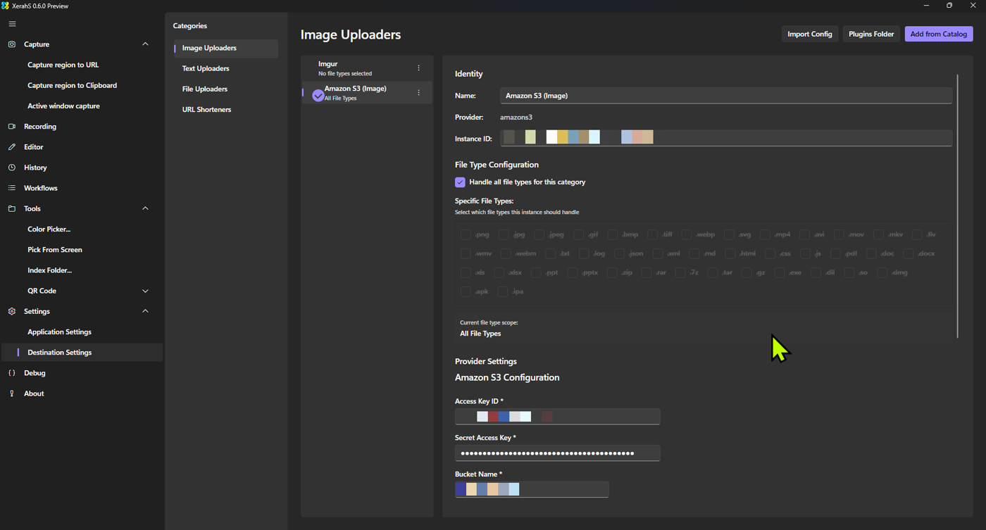 XerahS Destination Settings mit Image Uploaders und Plugin-Katalog.